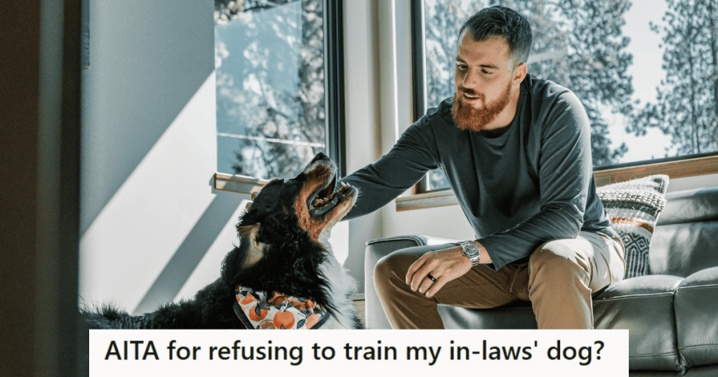 Man playing with a dog in his house