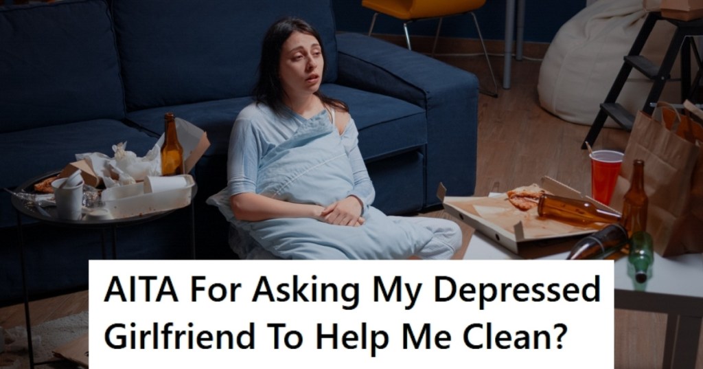 Depressed woman sitting in dirty living room