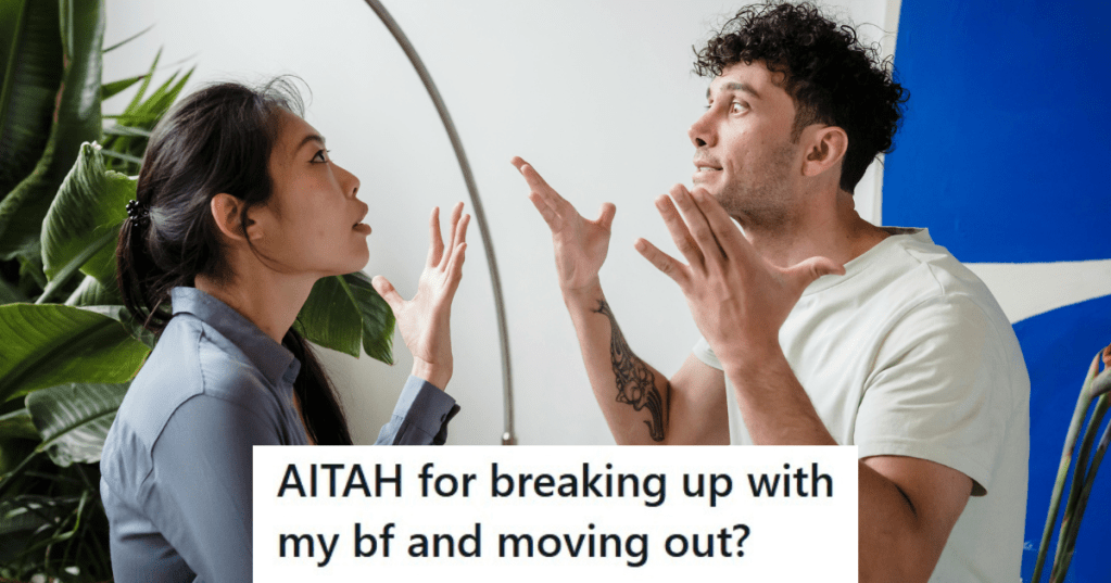 A couple arguing near a blue background