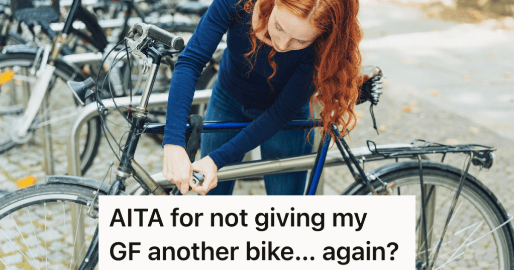 redheaded woman hooking bike lock to bike on a bike rack