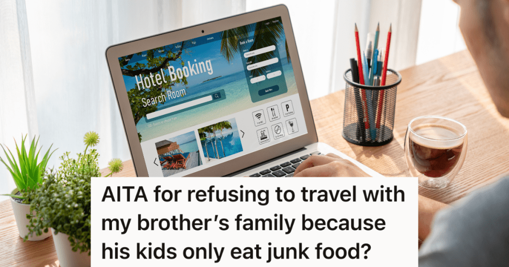 man looking at a website that reads "hotel booking"