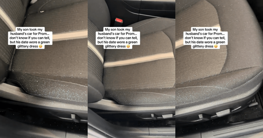 The passenger seat of a car, covered in green glitter