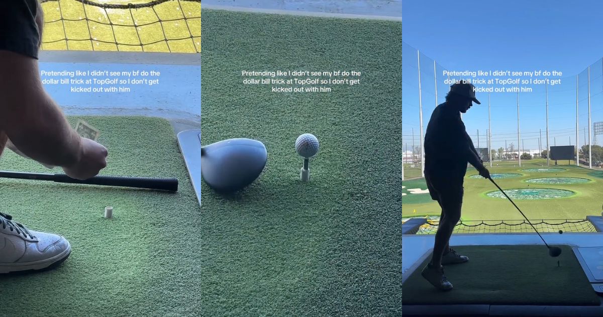 A couple doing the "dollar trick" at TopGolf